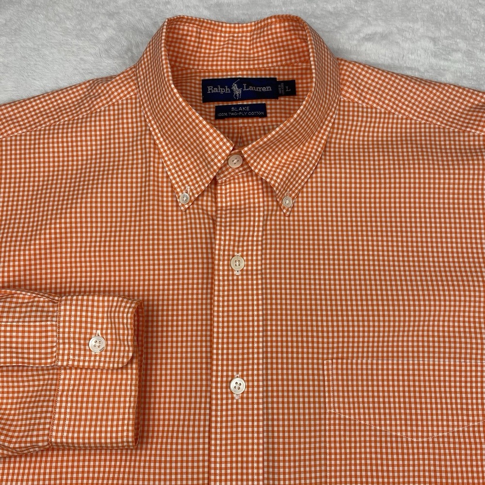 Ralph Lauren Shirt Men's Large Orange/White Checks Blake 100% 2-Ply Cotton
